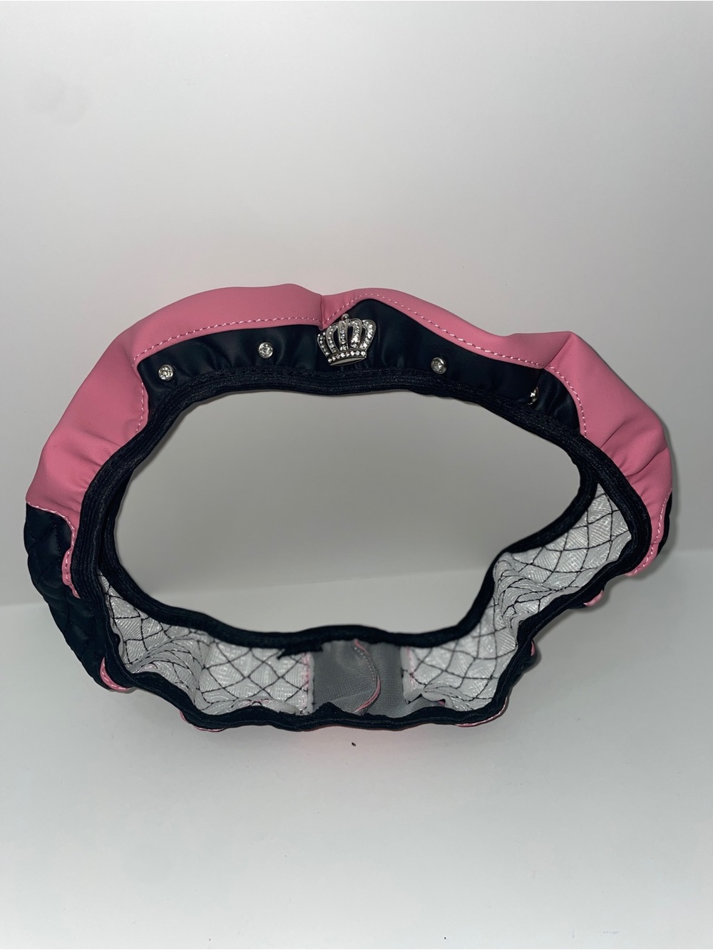 Car Steering Wheel Cover Pink and Black Quilted with Crown Jewel Accent